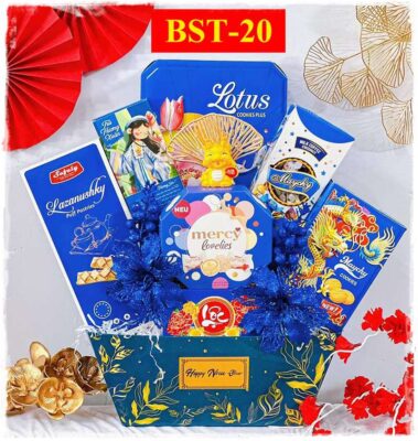 Giỏ quà tết giá rẻ, tone xanh dương